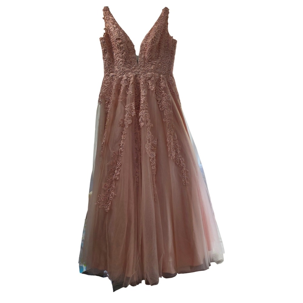 Floral Lace Tulle V-Neck Formal Gown Blush Pink Size Large